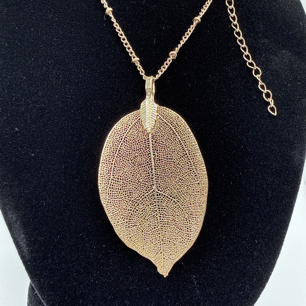 Delicate Gold Plated Real Leaf Pendant With 29-31 inch Gold Tone Sweater Chain
